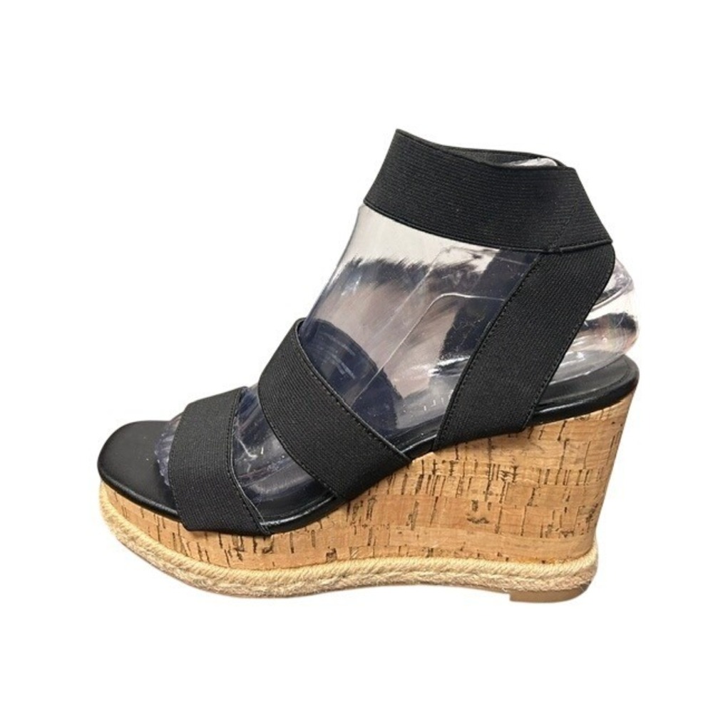 Madden Girl Marandaa Black Stretch Fabric Strap Cork Platform Wedge Sandals 6.5